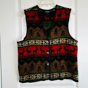 John Rich WOOLRICH Vest Sweater Women Vintage Wool Forest Deer Metal Buttons LG